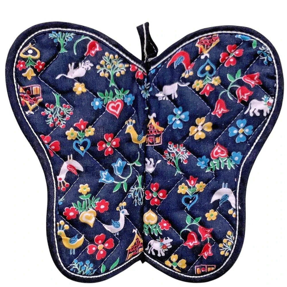 1950s Hot Pads 2 Scandinavian Penn Dutch Folk Art Print Butterfly Quilted NOS